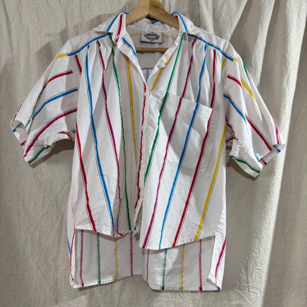 Vintage Helium Striped Button Down Shirt Womens Large White Multi Color 80s 90s